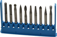 Made in USA - 10 Piece, 1/8" Shank Burr Set - Tungsten Carbide - Exact Tool & Supply