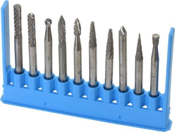 Made in USA - 10 Piece, 1/8" Shank Burr Set - Tungsten Carbide - Exact Tool & Supply
