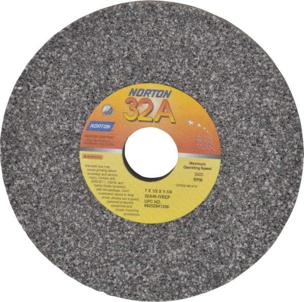 Norton - 7" Diam x 1-1/4" Hole x 1/2" Thick, I Hardness, 46 Grit Surface Grinding Wheel - Aluminum Oxide, Type 1, Coarse Grade, 3,600 Max RPM, Vitrified Bond, No Recess - Exact Tool & Supply