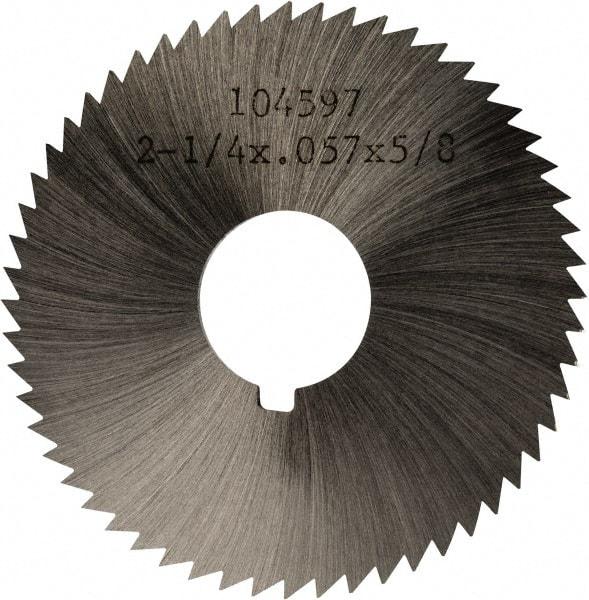 Made in USA - 2-1/4" Diam x 0.057" Blade Thickness x 5/8" Arbor Hole Diam, 60 Tooth Slitting and Slotting Saw - Arbor Connection, Right Hand, Uncoated, High Speed Steel, Concave Ground, Contains Keyway - Exact Tool & Supply
