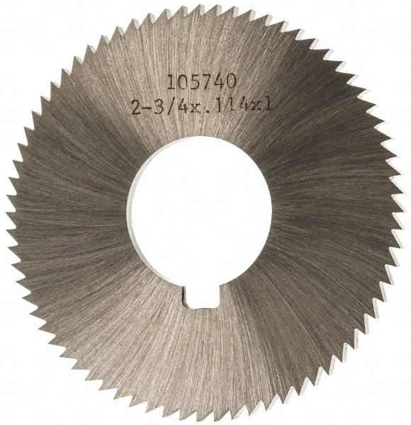 Made in USA - 2-3/4" Diam x 0.114" Blade Thickness x 1" Arbor Hole Diam, 72 Tooth Slitting and Slotting Saw - Arbor Connection, Right Hand, Uncoated, High Speed Steel, Concave Ground, Contains Keyway - Exact Tool & Supply