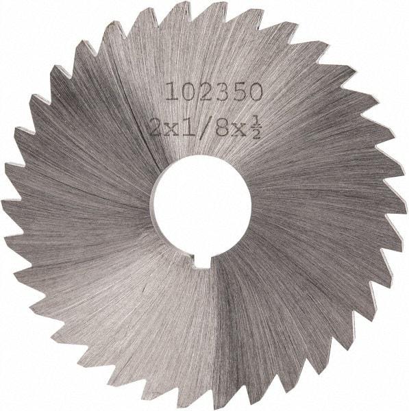 Made in USA - 2" Diam x 1/8" Blade Thickness x 1/2" Arbor Hole Diam, 34 Tooth Slitting and Slotting Saw - Arbor Connection, Right Hand, Uncoated, High Speed Steel, Concave Ground, Contains Keyway - Exact Tool & Supply