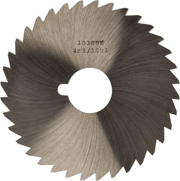 Made in USA - 4" Diam x 3/16" Blade Thickness x 1" Arbor Hole Diam, 36 Tooth Slitting and Slotting Saw - Arbor Connection, Right Hand, Uncoated, High Speed Steel, Concave Ground, Contains Keyway - Exact Tool & Supply