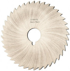 Made in USA - 5" Diam x 1/8" Blade Thickness x 1" Arbor Hole Diam, 40 Tooth Slitting and Slotting Saw - Arbor Connection, Right Hand, Uncoated, High Speed Steel, Concave Ground, Contains Keyway - Exact Tool & Supply