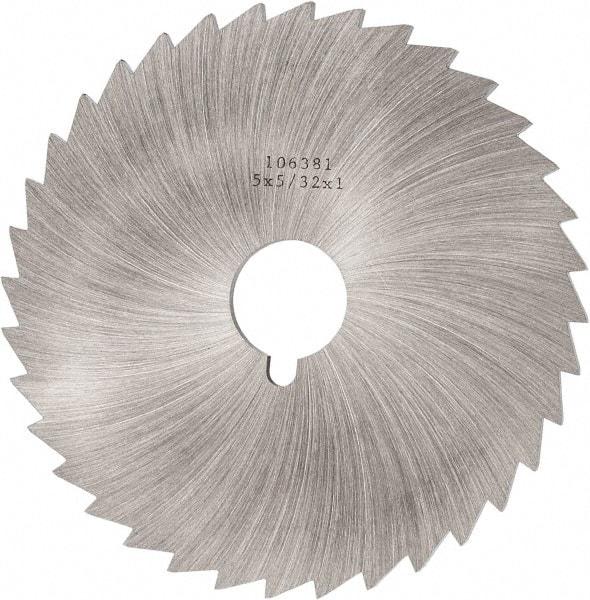 Made in USA - 5" Diam x 5/32" Blade Thickness x 1" Arbor Hole Diam, 36 Tooth Slitting and Slotting Saw - Arbor Connection, Right Hand, Uncoated, High Speed Steel, Concave Ground, Contains Keyway - Exact Tool & Supply