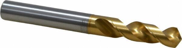 OSG - 9.75106mm 120° Spiral Flute Vanadium High Speed Steel Screw Machine Drill Bit - TiN Finish, Right Hand Cut, 43mm Flute Length, 93mm OAL, Faceted Point, Straight Shank - Exact Tool & Supply
