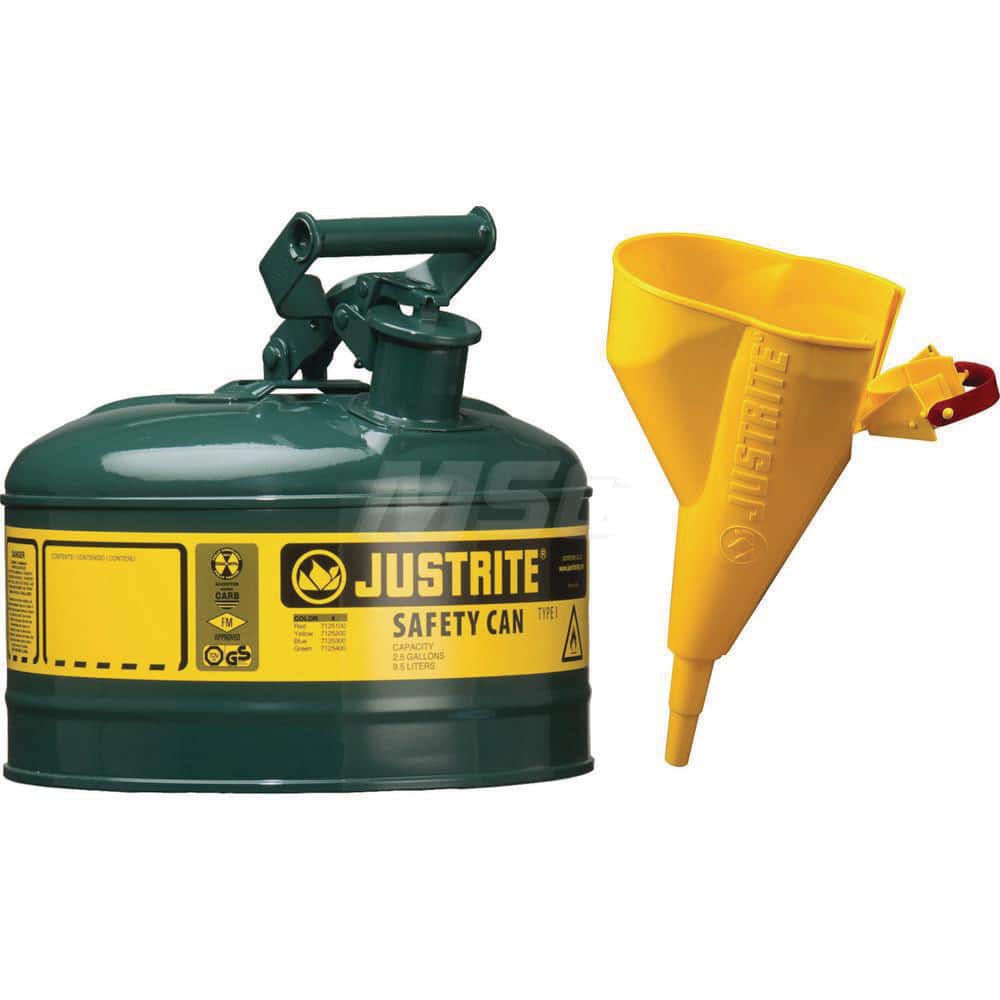 Justrite - Safety Dispensing Cans; Capacity: 1 Gal. ; Material: Steel ; Color: Green ; Height (Decimal Inch): 11.000000 ; Diameter/Length (mm): 9.50 ; Approval Listing/Regulations: FM Approved; UL; ULC; TUV - Exact Tool & Supply