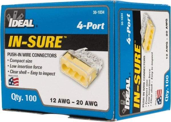Ideal - 4 Port, 18 to 12 AWG Compatible, Push-In Wire Connector - 0.78" OAL x 0.82" OAW x 0.38" OAH, Yellow - Exact Tool & Supply