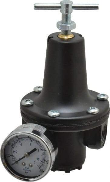 Parker - 1/2 NPT Port, 300 CFM, Zinc Heavy-Duty T-Handle Regulator - 2 to 125 psi Range, 300 Max psi Supply Pressure, 1/4" Gauge Port Thread, 3-1/2" Wide x 6-3/4" High - Exact Tool & Supply