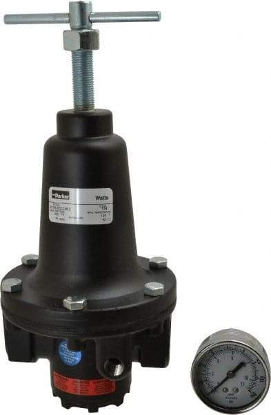 Parker - 3/4 NPT Port, 400 CFM, Zinc Heavy-Duty T-Handle Regulator - 2 to 125 psi Range, 300 Max psi Supply Pressure, 1/4" Gauge Port Thread, 4.38" Wide x 10" High - Exact Tool & Supply