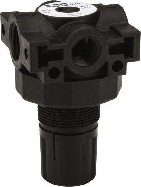 Parker - 3/8 NPT Port, Plastic Miniature Regulator - 0 to 25 psi Range, 150 Max psi Supply Pressure, 1/4" Gauge Port Thread, 2.06" Wide x 3.43" High - Exact Tool & Supply
