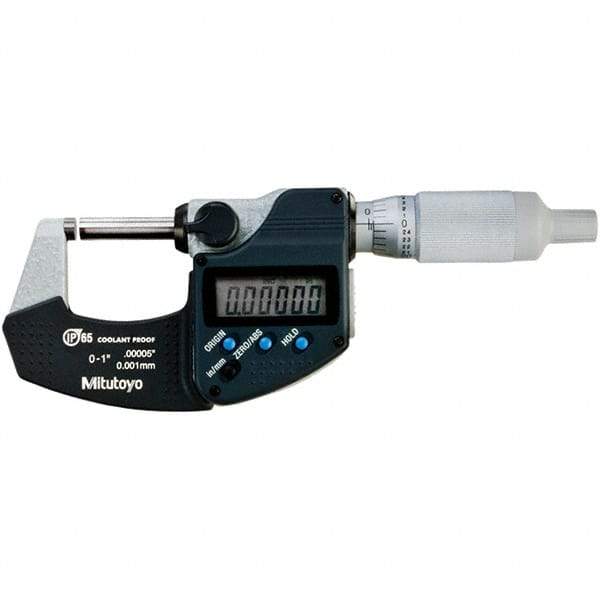 Mitutoyo - 0 to 1" Range, 0.00005" Resolution, Standard Throat IP65 Electronic Outside Micrometer - 0.00005" Accuracy, Ratchet Stop Thimble, Carbide-Tipped Face, SR44 Battery - Exact Tool & Supply