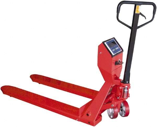 Vestil - 5,000 Lb Capacity, 7-1/2" Lift Scale Pallet Truck - 3" Min Lift Height, 48" Fork Length x 27-1/2" Fork Width, 28" Overall Width - Exact Tool & Supply