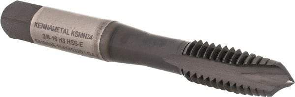 Kennametal - 3/8-16, 3 Flute, TiN/CrC/C Finish, Vanadium High Speed Steel Spiral Point Tap - Plug Chamfer, Right Hand Thread, 2-15/16" OAL, 19.1mm Thread Length, 9.68mm Shank Diam, 3B Class of Fit, Series GOtap - Exact Tool & Supply