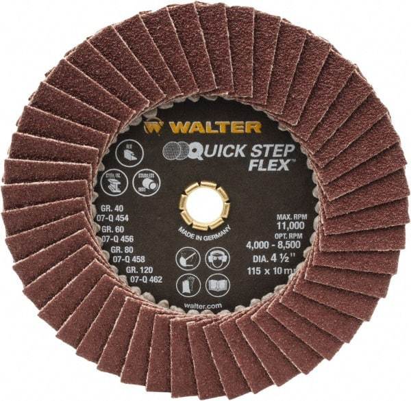 WALTER Surface Technologies - 60 Grit, 4-1/2" Disc Diam, Type 29 Aluminum Oxide Flap Disc - 11,000 Max RPM, Fiber Backing, Arbor Attaching System, Coated - Exact Tool & Supply
