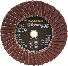 WALTER Surface Technologies - 60 Grit, 4-1/2" Disc Diam, Type 29 Aluminum Oxide Flap Disc - 11,000 Max RPM, Fiber Backing, Arbor Attaching System, Coated - Exact Tool & Supply