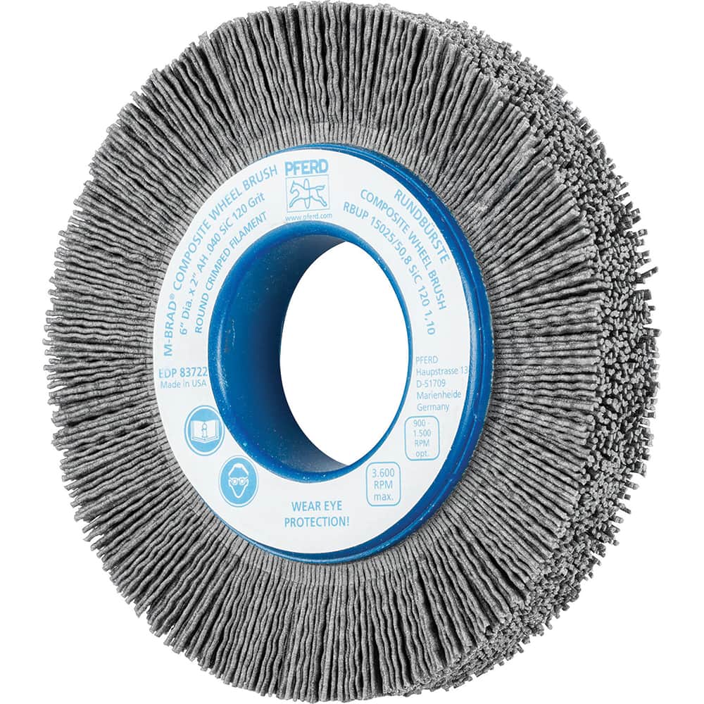 PFERD - Wheel Brushes; Outside Diameter (Inch): 6 ; Wire Type: Crimped; Round ; Fill Material: Nylon; Silicon Carbide ; Trim Length (Inch): 1-1/4 ; Filament Wire Diameter Range: 0.0300 & Above ; Maximum RPM: 3600.000 - Exact Tool & Supply