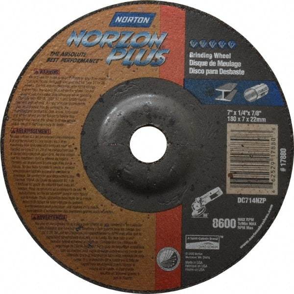 Norton - 24 Grit, 7" Wheel Diam, 1/4" Wheel Thickness, 7/8" Arbor Hole, Type 27 Depressed Center Wheel - Ceramic, 8,600 Max RPM, Compatible with Angle Grinder - Exact Tool & Supply