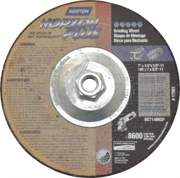 Norton - 24 Grit, 7" Wheel Diam, 1/4" Wheel Thickness, Type 27 Depressed Center Wheel - Ceramic, 8,600 Max RPM, Compatible with Angle Grinder - Exact Tool & Supply