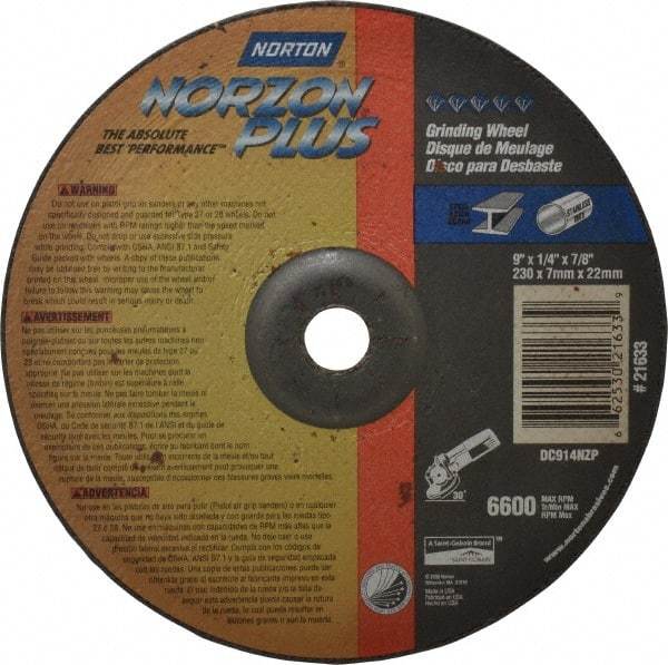 Norton - 24 Grit, 9" Wheel Diam, 1/4" Wheel Thickness, 7/8" Arbor Hole, Type 27 Depressed Center Wheel - Ceramic, 6,600 Max RPM, Compatible with Angle Grinder - Exact Tool & Supply