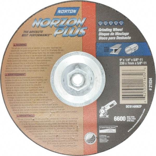 Norton - 24 Grit, 9" Wheel Diam, 1/4" Wheel Thickness, Type 27 Depressed Center Wheel - Ceramic, 6,600 Max RPM, Compatible with Angle Grinder - Exact Tool & Supply