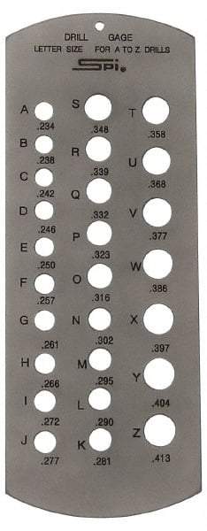SPI - A Letter to Z Letter Hole Size Drill Gage - 6 Inch Long, 2-1/2 Inch Wide, 26 Holes - Exact Tool & Supply