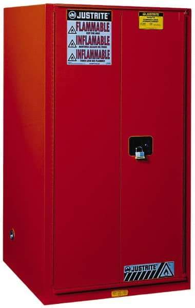 Justrite - 2 Door, 5 Shelf, Red Steel Standard Safety Cabinet for Flammable and Combustible Liquids - 65" High x 34" Wide x 34" Deep, Manual Closing Door, 3 Point Key Lock, 96 Gal Capacity - Exact Tool & Supply