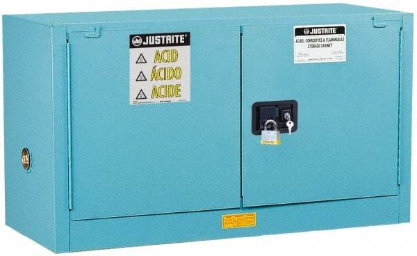 Justrite - 2 Door, 1 Shelf, Blue Steel Stackable Safety Cabinet for Corrosive Chemicals - 24" High x 43" Wide x 18" Deep, Manual Closing Door, 17 Gal Capacity - Exact Tool & Supply