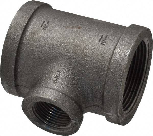 Made in USA - Size 1-1/2 x 1-1/2 x 3/4", Class 150, Malleable Iron Black Pipe Reducing Tee - 300 psi, Threaded End Connection - Exact Tool & Supply