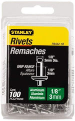 Stanley - Button Head Aluminum Color Coded Blind Rivet - Aluminum Mandrel, 0.062" to 1/8" Grip, 1/4" Head Diam, 0.125" to 0.133" Hole Diam, 0.275" Length Under Head, 1/8" Body Diam - Exact Tool & Supply