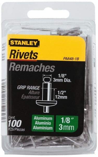 Stanley - Aluminum Color Coded Blind Rivet - Aluminum Mandrel, 3/8" to 1/2" Grip, 1/4" Head Diam, 0.125" to 0.133" Hole Diam, 0.65" Length Under Head, 1/8" Body Diam - Exact Tool & Supply