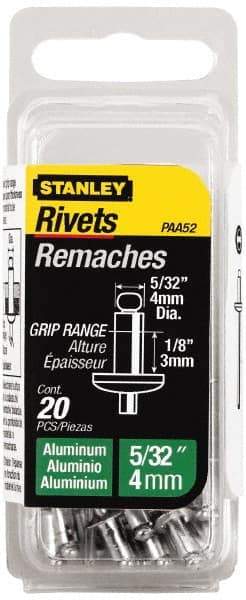 Stanley - Aluminum Color Coded Blind Rivet - Aluminum Mandrel, 0.031" to 1/8" Grip, 5/16" Head Diam, 0.156" to 0.164" Hole Diam, 0.3" Length Under Head, 5/32" Body Diam - Exact Tool & Supply