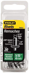 Stanley - Aluminum Color Coded Blind Rivet - Aluminum Mandrel, 0.031" to 1/8" Grip, 5/16" Head Diam, 0.156" to 0.164" Hole Diam, 0.3" Length Under Head, 5/32" Body Diam - Exact Tool & Supply