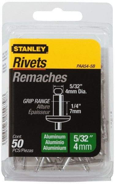 Stanley - Aluminum Color Coded Blind Rivet - Aluminum Mandrel, 0.188" to 1/4" Grip, 5/16" Head Diam, 0.156" to 0.164" Hole Diam, 0.425" Length Under Head, 5/32" Body Diam - Exact Tool & Supply