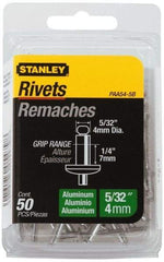 Stanley - Aluminum Color Coded Blind Rivet - Aluminum Mandrel, 0.188" to 1/4" Grip, 5/16" Head Diam, 0.156" to 0.164" Hole Diam, 0.425" Length Under Head, 5/32" Body Diam - Exact Tool & Supply