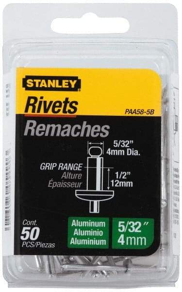 Stanley - Aluminum Color Coded Blind Rivet - Aluminum Mandrel, 3/8" to 1/2" Grip, 5/16" Head Diam, 0.156" to 0.164" Hole Diam, 0.675" Length Under Head, 5/32" Body Diam - Exact Tool & Supply