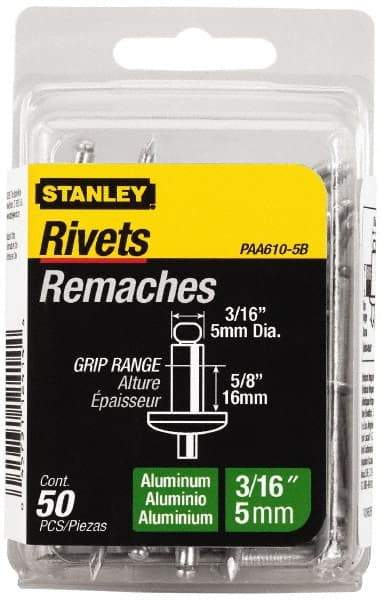 Stanley - Aluminum Color Coded Blind Rivet - Aluminum Mandrel, 1/2" to 5/8" Grip, 3/8" Head Diam, 0.188" to 0.196" Hole Diam, 0.825" Length Under Head, 3/16" Body Diam - Exact Tool & Supply