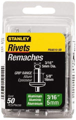 Stanley - Aluminum Color Coded Blind Rivet - Aluminum Mandrel, 1/2" to 5/8" Grip, 3/8" Head Diam, 0.188" to 0.196" Hole Diam, 0.825" Length Under Head, 3/16" Body Diam - Exact Tool & Supply