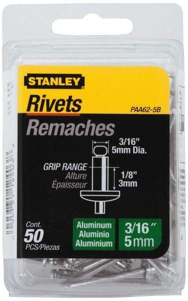 Stanley - Aluminum Color Coded Blind Rivet - Aluminum Mandrel, 0.032" to 1/8" Grip, 3/8" Head Diam, 0.188" to 0.196" Hole Diam, 0.325" Length Under Head, 3/16" Body Diam - Exact Tool & Supply
