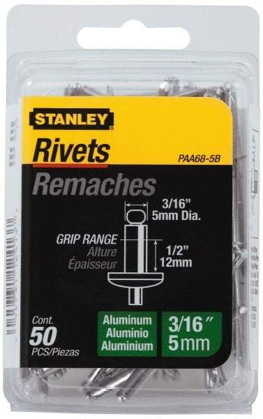Stanley - Aluminum Color Coded Blind Rivet - Aluminum Mandrel, 3/8" to 1/2" Grip, 3/8" Head Diam, 0.188" to 0.196" Hole Diam, 0.7" Length Under Head, 3/16" Body Diam - Exact Tool & Supply