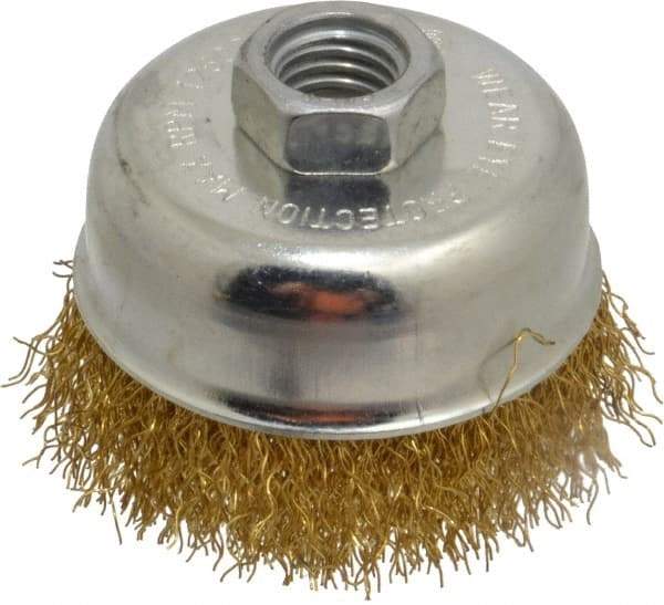 Value Collection - 2-3/4" Diam, 5/8-11 Threaded Arbor, Brass Fill Cup Brush - 0.014 Wire Diam, 7/8" Trim Length, 12,500 Max RPM - Exact Tool & Supply