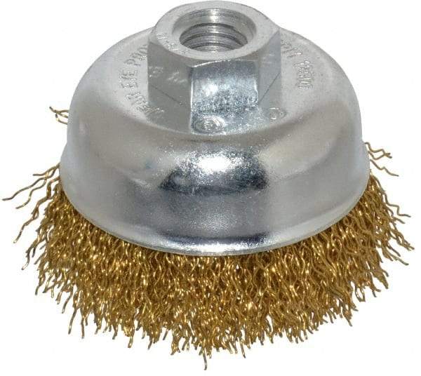 Value Collection - 2-3/4" Diam, 5/8-11 Threaded Arbor, Brass Fill Cup Brush - 0.02 Wire Diam, 7/8" Trim Length, 12,500 Max RPM - Exact Tool & Supply