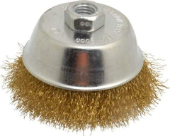 Value Collection - 4" Diam, 5/8-11 Threaded Arbor, Brass Fill Cup Brush - 0.014 Wire Diam, 1-1/8" Trim Length, 9,000 Max RPM - Exact Tool & Supply