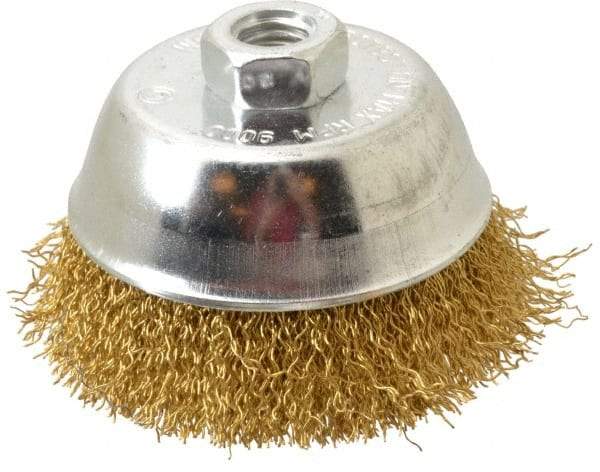 Value Collection - 4" Diam, 5/8-11 Threaded Arbor, Brass Fill Cup Brush - 0.02 Wire Diam, 1-1/8" Trim Length, 9,000 Max RPM - Exact Tool & Supply