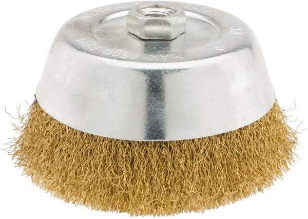 Value Collection - 6" Diam, 5/8-11 Threaded Arbor, Brass Fill Cup Brush - 0.014 Wire Diam, 1-1/4" Trim Length, 6,500 Max RPM - Exact Tool & Supply