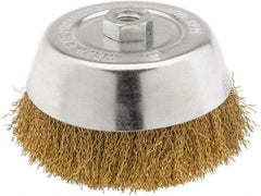 Value Collection - 6" Diam, 5/8-11 Threaded Arbor, Brass Fill Cup Brush - 0.02 Wire Diam, 1-1/4" Trim Length, 6,000 Max RPM - Exact Tool & Supply