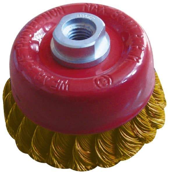 Value Collection - 2-3/4" Diam, M14x.20 Threaded Arbor, Brass Fill Cup Brush - 0.02 Wire Diam, 3/4" Trim Length, 12,500 Max RPM - Exact Tool & Supply