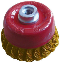 Value Collection - 2-3/4" Diam, M14x.20 Threaded Arbor, Brass Fill Cup Brush - 0.02 Wire Diam, 3/4" Trim Length, 12,500 Max RPM - Exact Tool & Supply