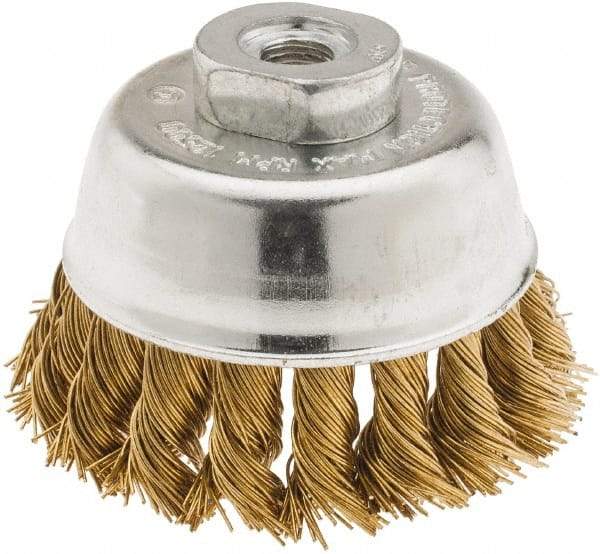 Value Collection - 2-3/4" Diam, 3/8-24 Threaded Arbor, Brass Fill Cup Brush - 0.02 Wire Diam, 3/4" Trim Length, 12,500 Max RPM - Exact Tool & Supply