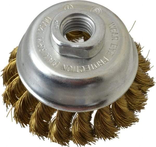 Value Collection - 2-3/4" Diam, 5/8-11 Threaded Arbor, Brass Fill Cup Brush - 0.014 Wire Diam, 3/4" Trim Length, 12,500 Max RPM - Exact Tool & Supply